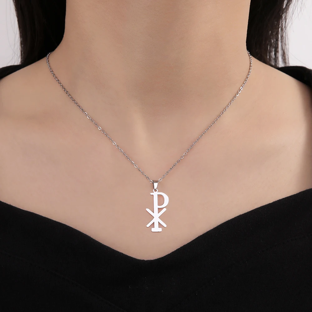 Dawapara Chi Rho Necklace Christogram Cross of Constantine Orthodox Religious Jewelry Stainless Steel Christian Necklace