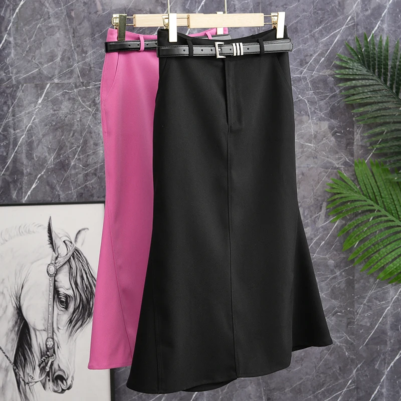 

Elegant High Waist Pink Midi Skirt with Fish Tail Slit A-Line Silhouette Commute Style Zipper Closure Polyester Fiber 100%
