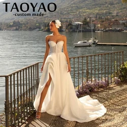 New A Line Wedding Dresses Simple Sleeveless Strapless with Train Bridal Gowns Side Slit Backless Bridal Gowns vestidos de novia