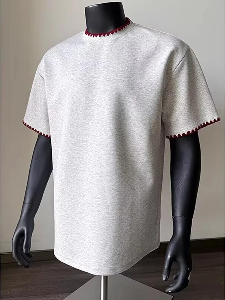 

American Sle ort Sve Men's T-irt Embroidered Lace High Weight Air Layer ort Sle Small Collar Cotton Breathable S...