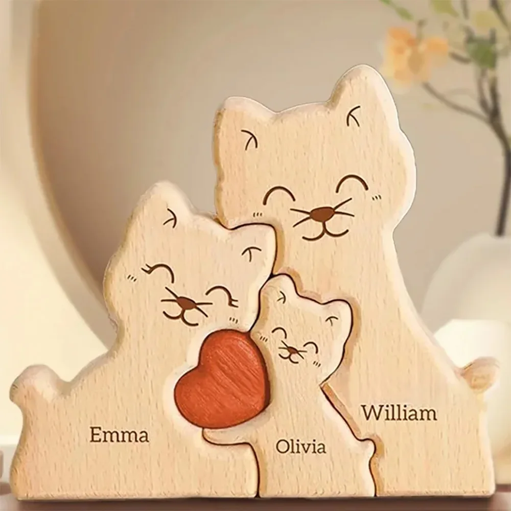 Customized Names Wooden Cats Art Puzzle Warm Family Handmade Gifts for Mom Anniversary Thanksgiving Christmas Crafts Ornaments