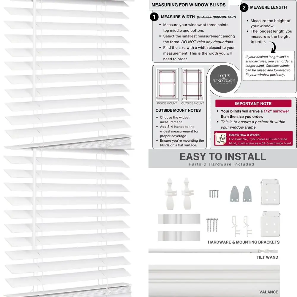 

2 Faux Wood Cordless Blinds, 35 W x 48 L, Bright White, Indoor Window Shades