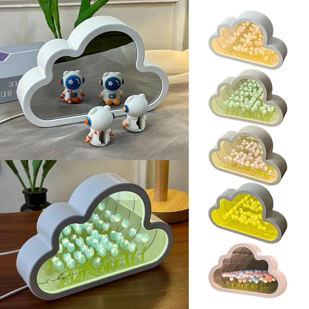 Veilleuse LED Tulipe Nuage, Lampes de Table Miroir, Ornements de Chambre, Cadeau DIY