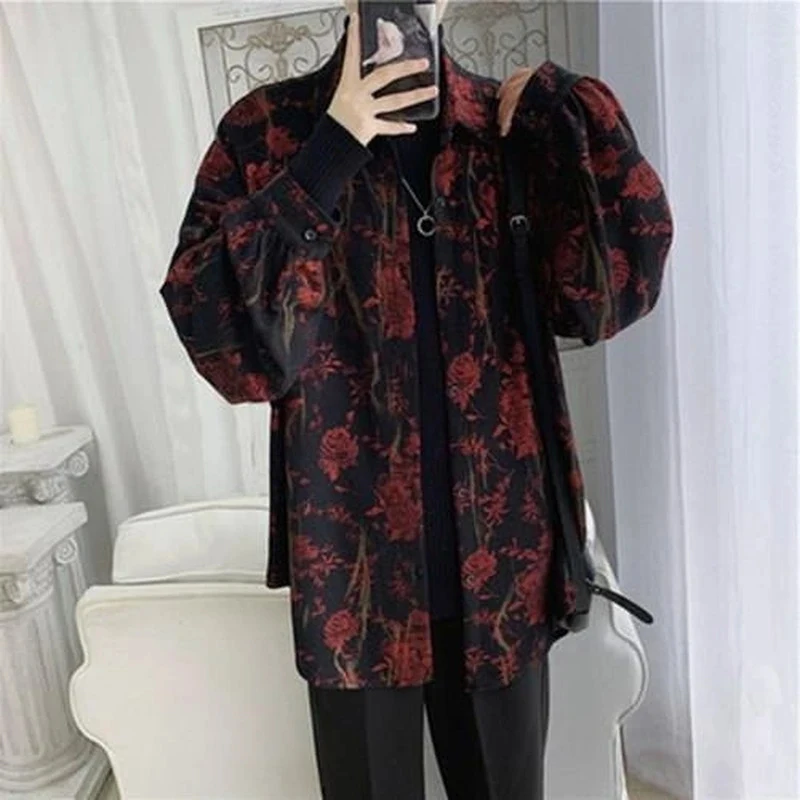 MEXZT Retro Chiffon Shirts Women Rose Floral Printed Long Sleeve Blouse Vintage Elegant Top Harajuku Loose Casual Oversized Coat