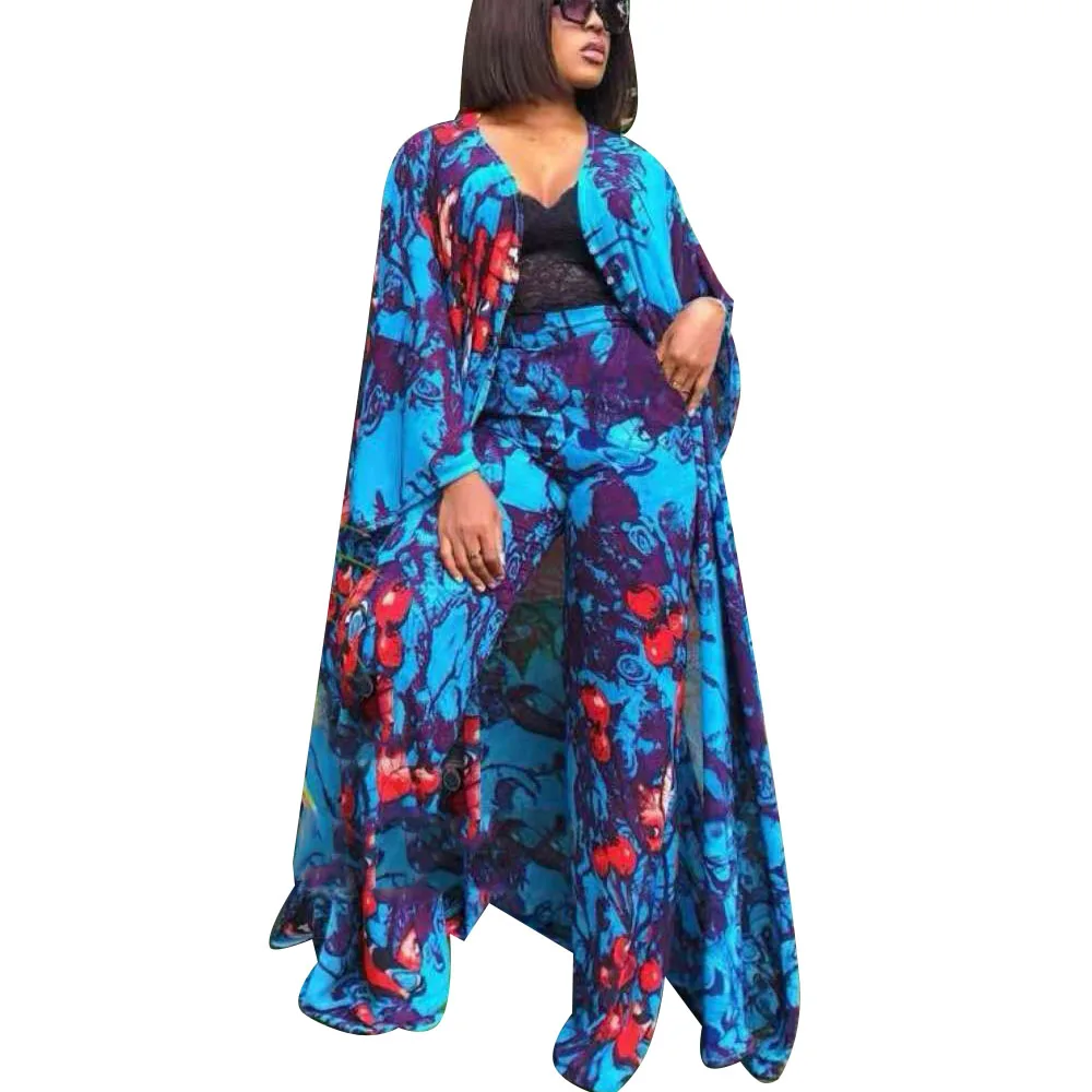 Chiffon maxi longo superior poliéster calças femininas definir roupa de viagem solto duas peças moda ampla senhora terno estilo africano conjuntos