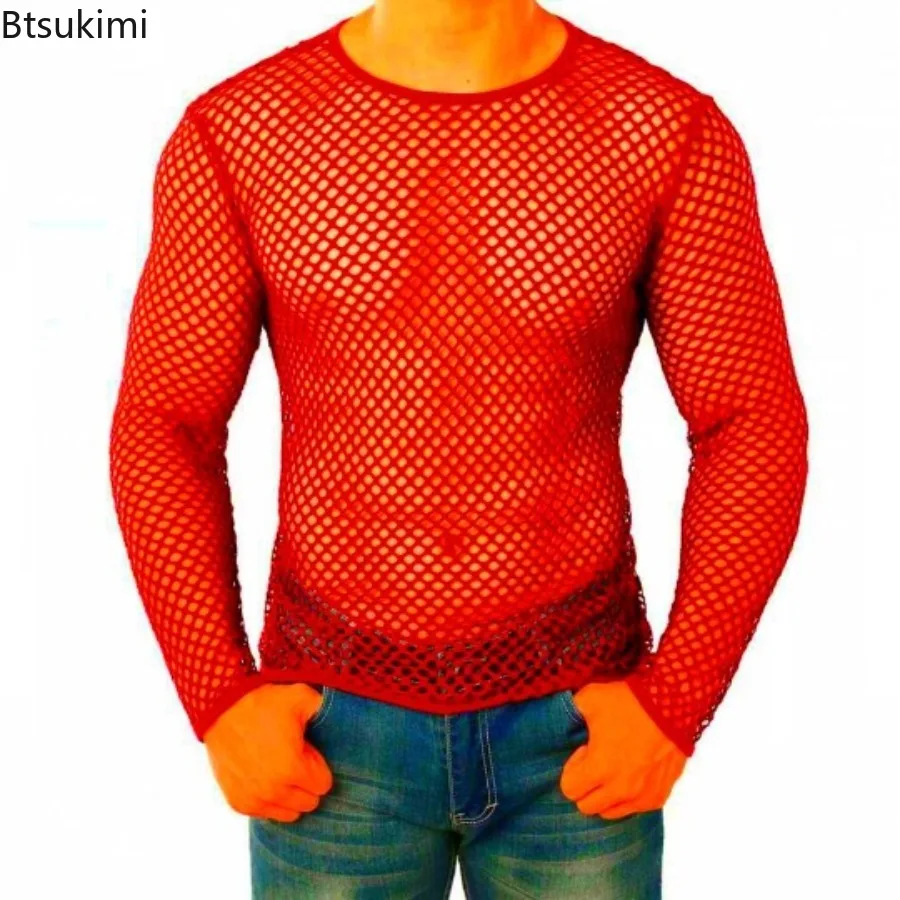 メンズセクシーシースルーメッシュクロップトップスフィッシュネットホローアウトTシャツファッションスポーツフィットネスベストナイトクラブショートTシャツシアートップス