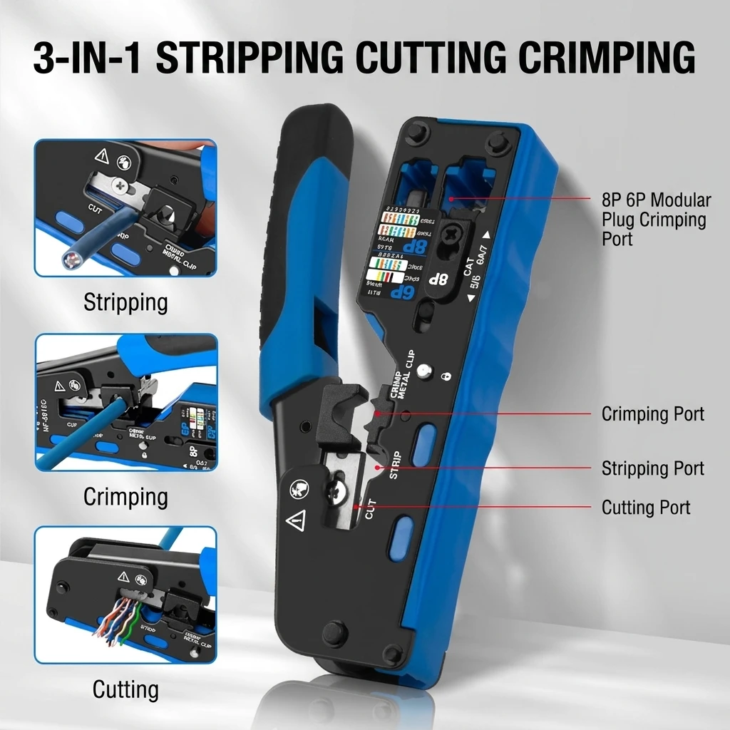 YGTITAN Network Crimper Pliers with Telephone Plug Dies 6P 8P Wire Cutter Stripper Multi Purpose Hand Tool
