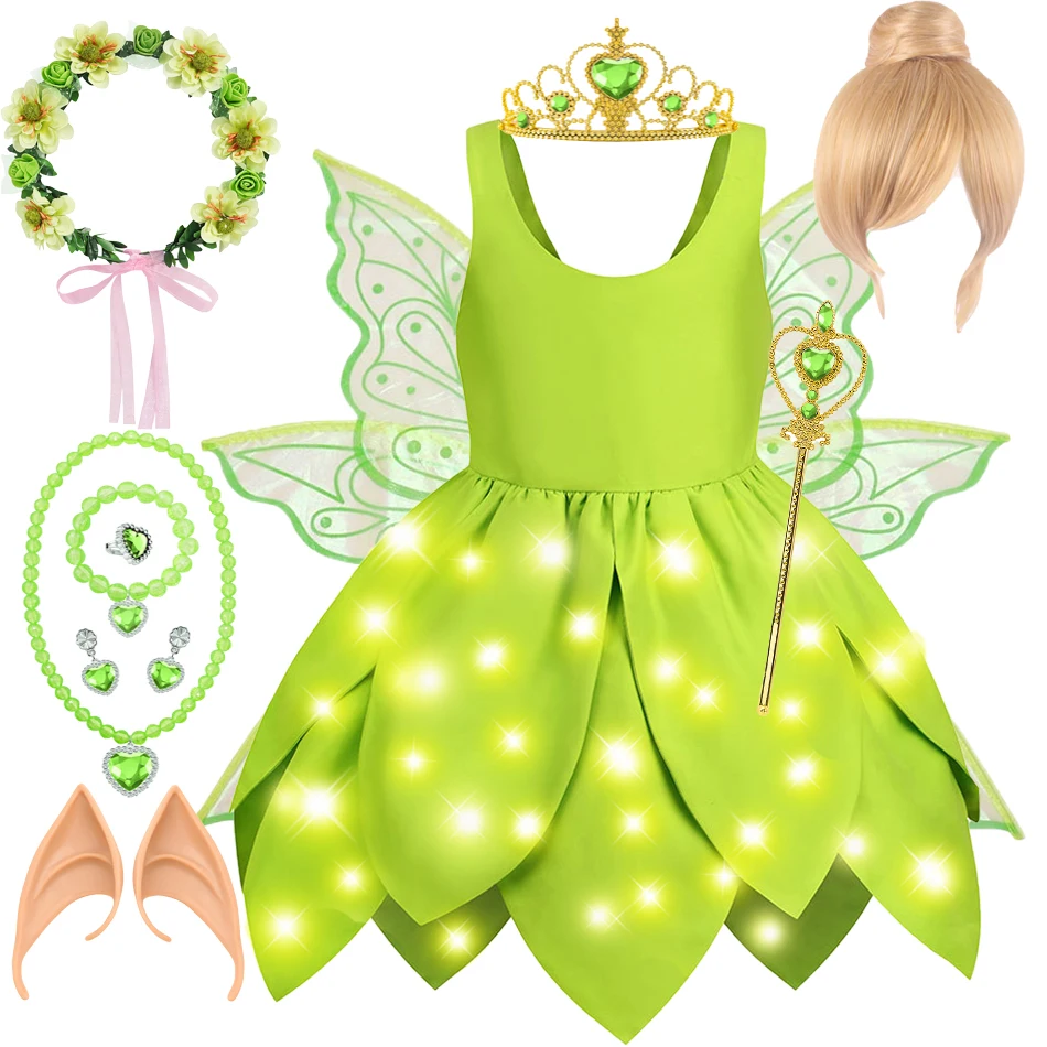 Tinker Bell Fairy Dress Summer Forest Green Leaf Fairy Costume Luxury Party Carnival Outfits 18M-8Yrs Kid Elegant Gown