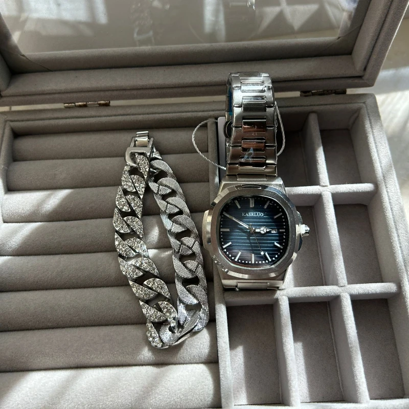 남성용 시계 간단한 야간 조명 달력 포함 쿼츠 남성용 시계+팔찌