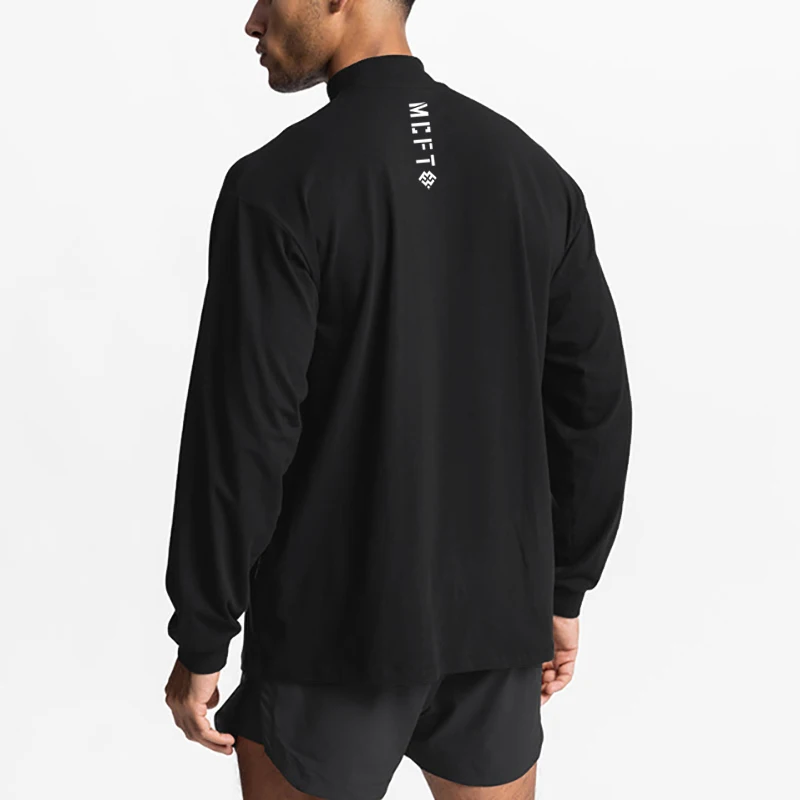 Mens Bodybuilding Sporting Workout Oversized High-neck Long Sleeve Tshirt Breathable Fitness Fashion Clothing T Shirt