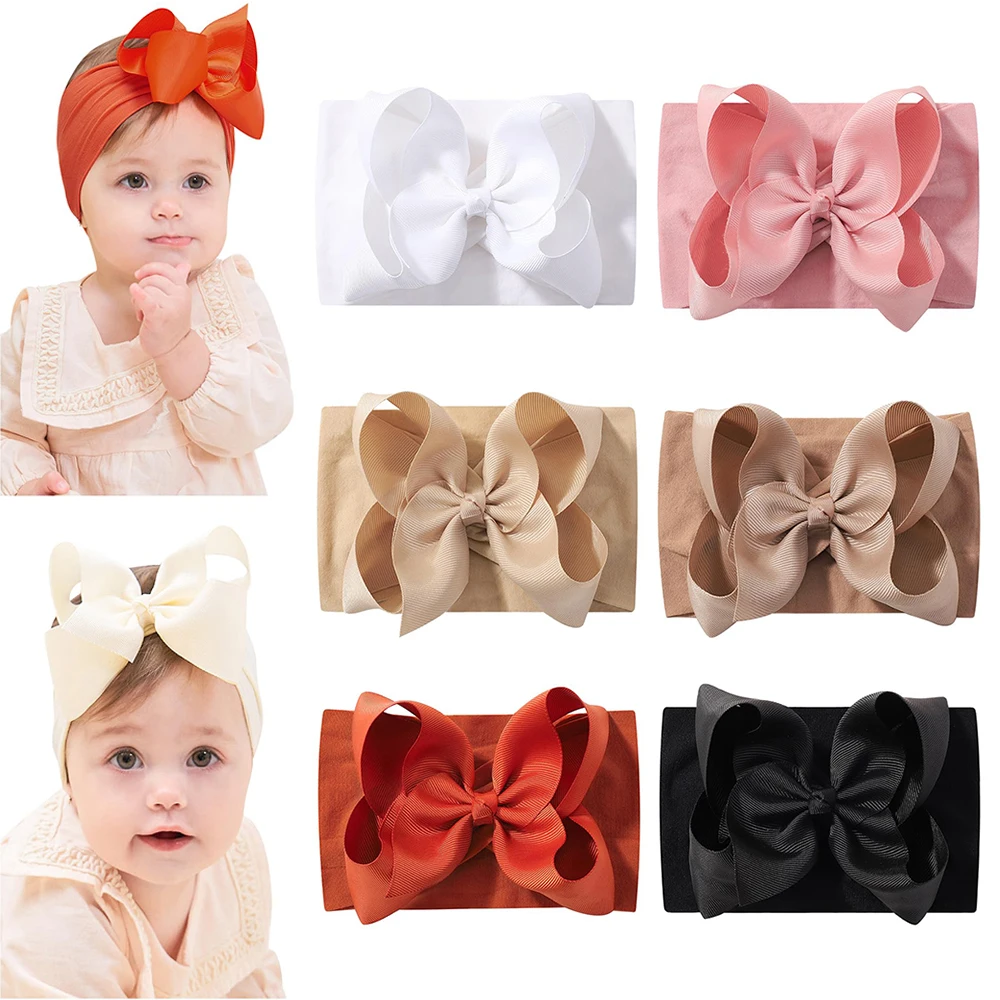 

6 шт., осенне-зимняя 6-дюймовая повязка на голову с большим бантом и лентой для маленьких девочек, широкий нейлоновый тюрбан, головные уборы с бантом для новорожденных, аксессуары для волос