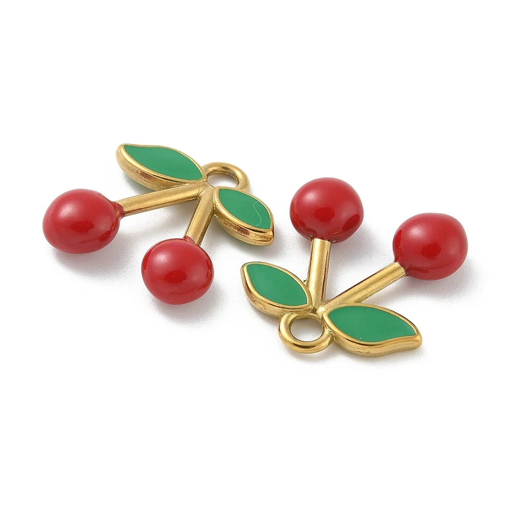 10pcs Ion Plating(IP) 304 Stainless Steel Pendants with Enamel Gold Plated Cherry Charm Red for DIY Jewelry Necklace Earring