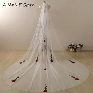 Red Rose Flowers Floral Wedding Bridal Veils Accessories Cathedral Long Ivory White Tulle With Comb For Brides Green Leaves New