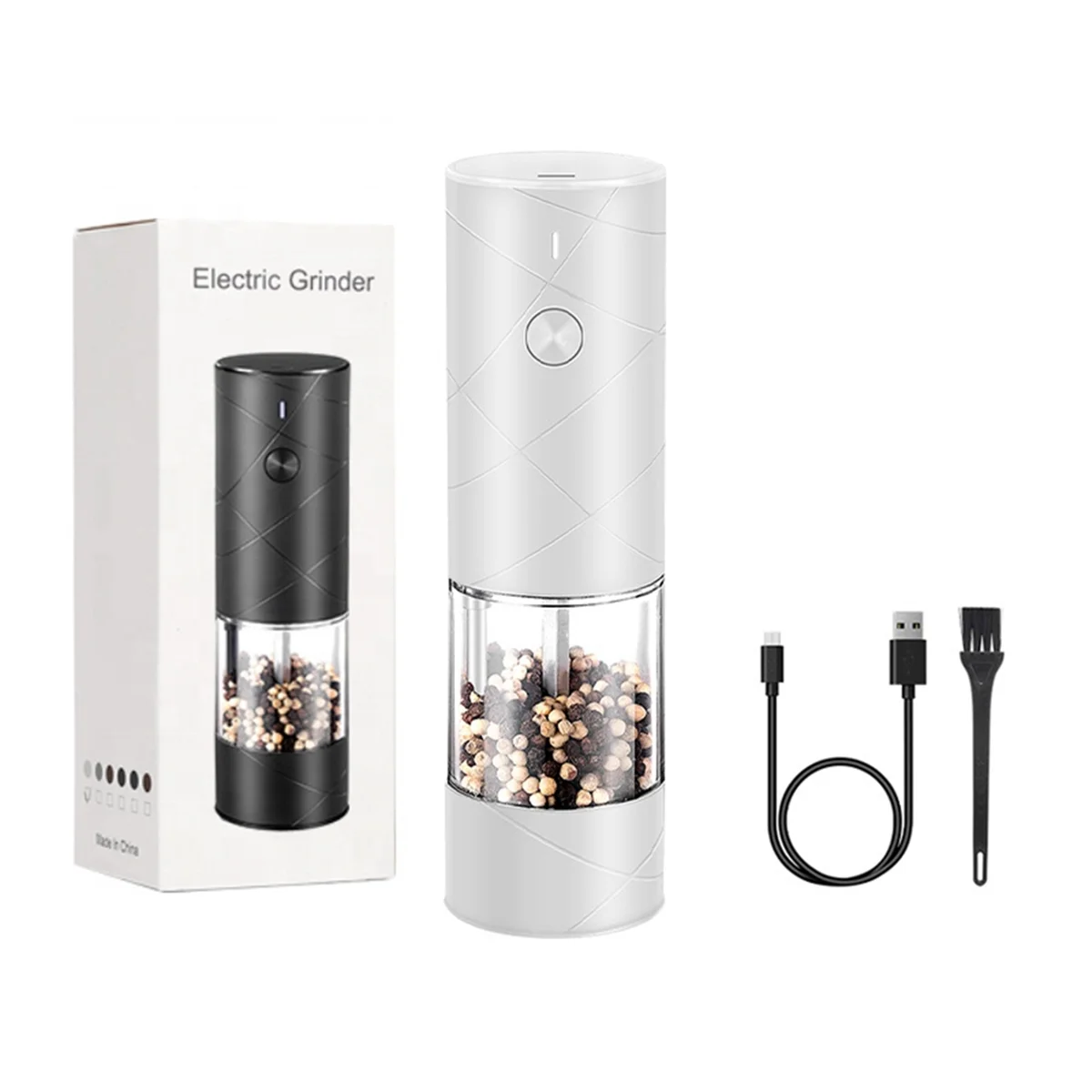 Electric Automatic Mill Pepper and Salt Grinder with LED Light Adjustable Coarseness Spice Grinder Cooking Tool White