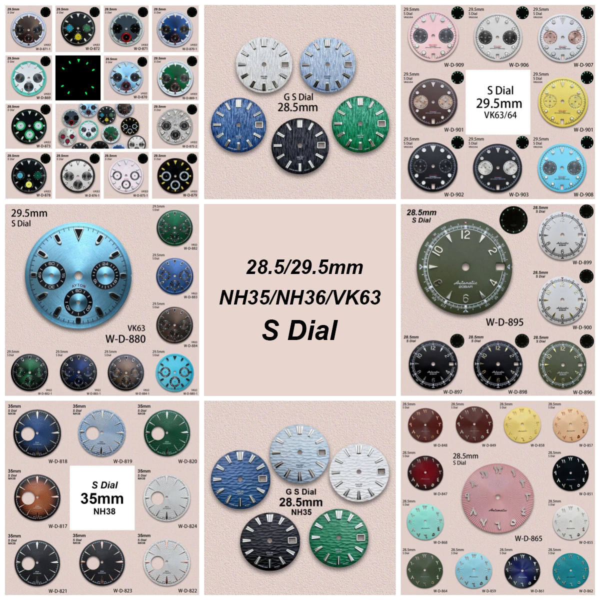 

28.5/29.5/35mm Arab/Panda/3D Wave S/G S Logo Dial Fit NH35/NH36/NH38/VK63 Movement Green Luminous Watch Modification Accessories