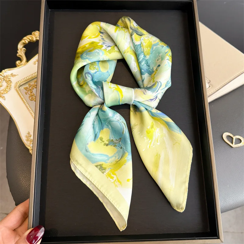 70cm Seidenschal für Damen, eleganter bedruckter Halstuch, Sonnenschutz-Schal, Kopftuch für Büro und Pendeln, Bandana und Taschenband