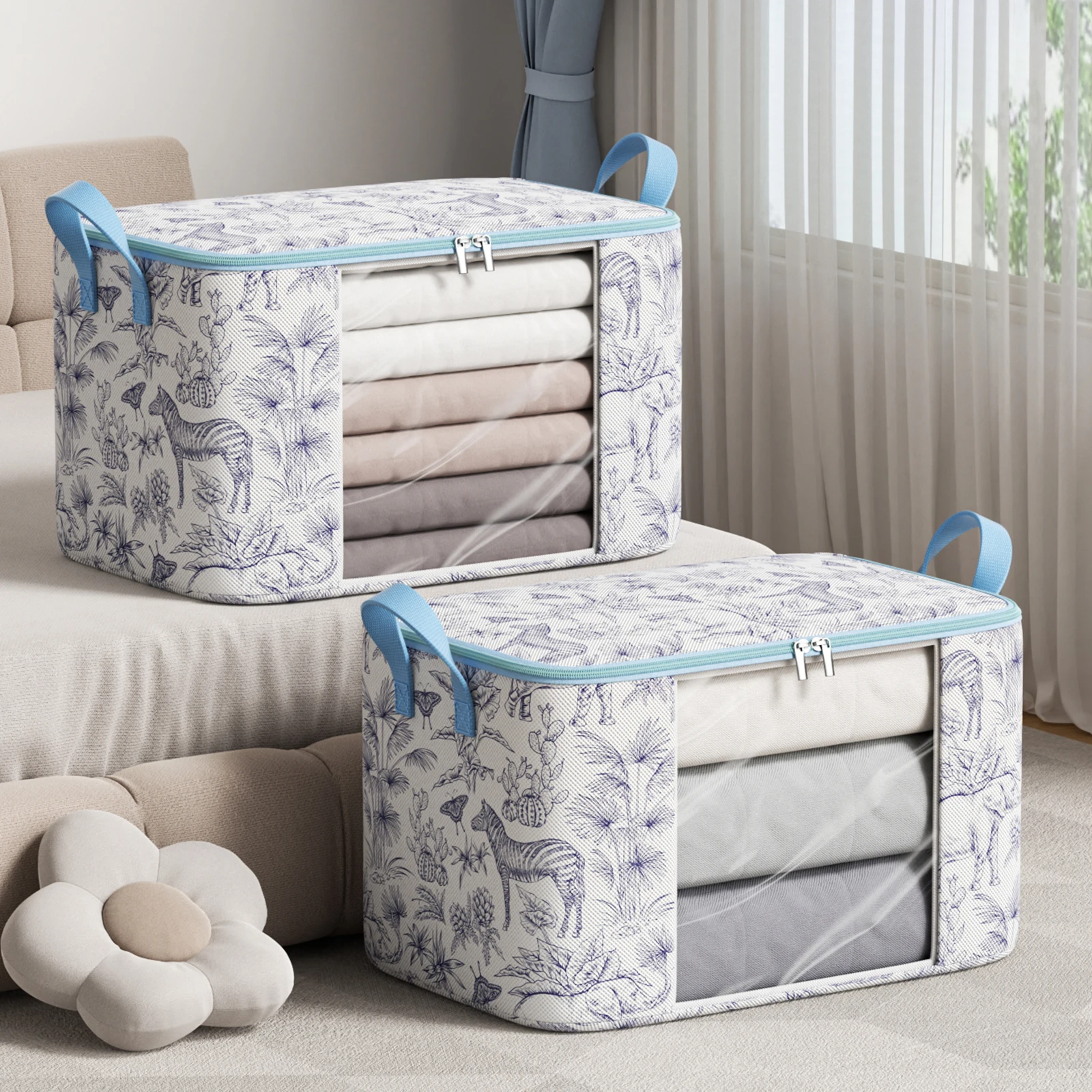 1 Stück Aufbewahrungstasche mit großem Fassungsvermögen zum Organisieren von Kleidung im Schlafzimmer, Kleiderschrank, Schlafsaal, Aufbewahrungstasche für Bettdecken, Schrank-Organizer, blau
