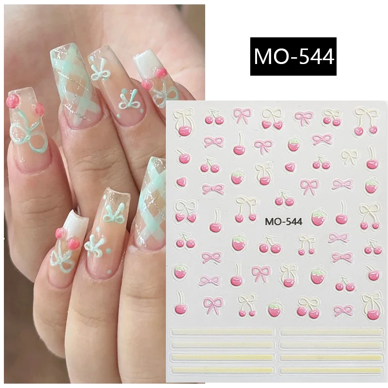 1pc 3D 체리 Bowknot 신선한 젤리 네일 스티커 민트 그린 라인 양각 슬라이더 데칼 여름 자체 접착 매니큐어 장식