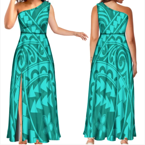 

Wholesale Customized Polynesian Tribal Printed V Neck Halter Hollow Out Sleeveless Ladies Dress Plus Size Womens Clothing