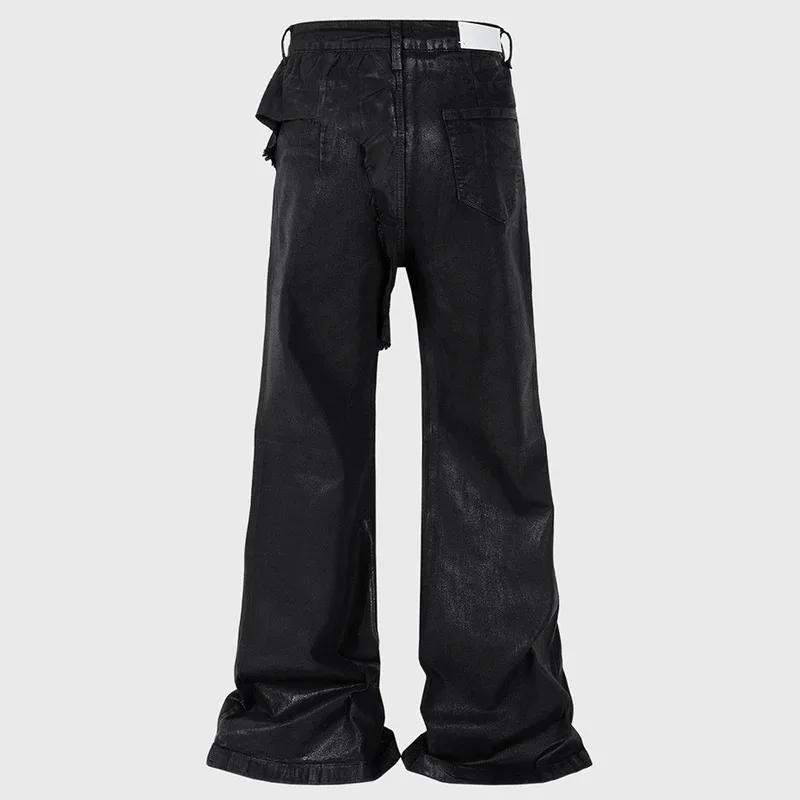 【Mirrordust】RO estilo jeans queimado masculino high street quebrado retalhos calças jeans pretas moda calças jeans soltas
