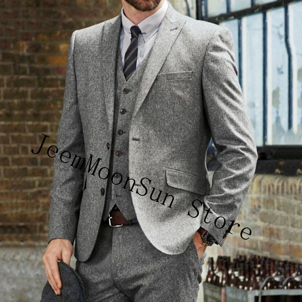 

Grey Herringbone Tweed Men Suits Slim Fit 3 Pieces Formal Groomsmen Bridegroom Wedding Tuxedos Groom Wear Trajes De Hombre