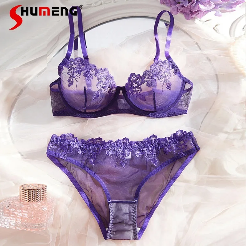 

Women's Pure Desire Sexy Sheer Bra Set Underwire Push Up Minimizer Lingerie Female Transparent Three Point Bra Brief Suits