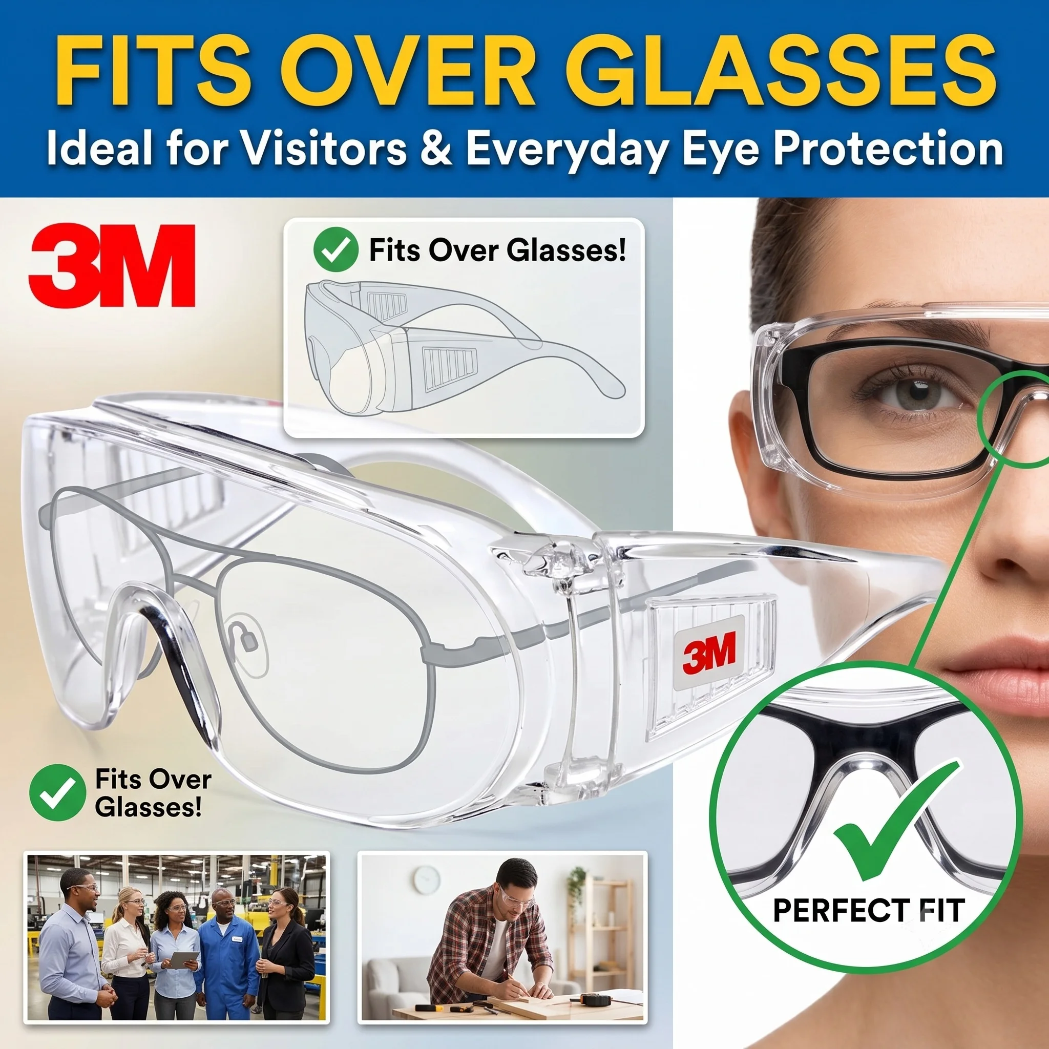 3M 1611HC Over Glasses Safety Goggles Anti-Fog Scratch Resistant Visitor Eye Protection Glasses for Lab Factory Workshop