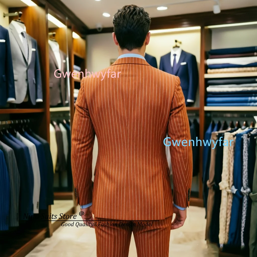 G&N 2026 White Stripe Orange Men Suits Summer Thin Formal Occasion Double Breasted Special Custome Peak Lapel Male Blazer Pants