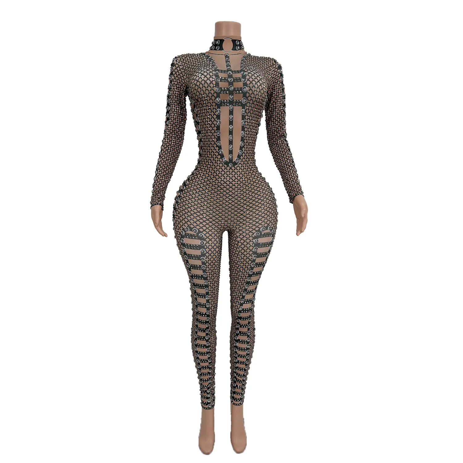 

Nightclub Ds Dance Sexy Black Grid Jumpsuit Prom Shiny Crystals Long Sleeves Bodycon Leggings Women Jumpsuit Showgirl Stage Wear