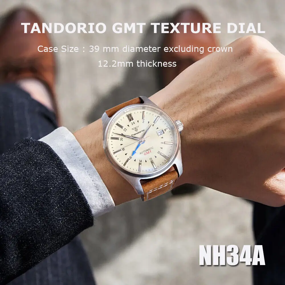 39 мм Tandorio GMT текстурированный циферблат Dive автоматические механические мужские часы NH34A Movt