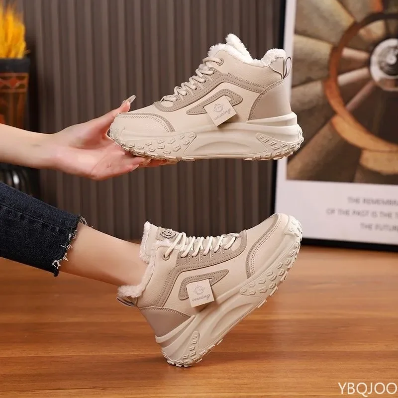 Hoch geschnittene, lässige, bequeme Damen-Winterstiefel mit dicken Sohlen, neue modische, vielseitige kurze Stiefel, Baumwollschuhe, Schnür-Schneestiefel