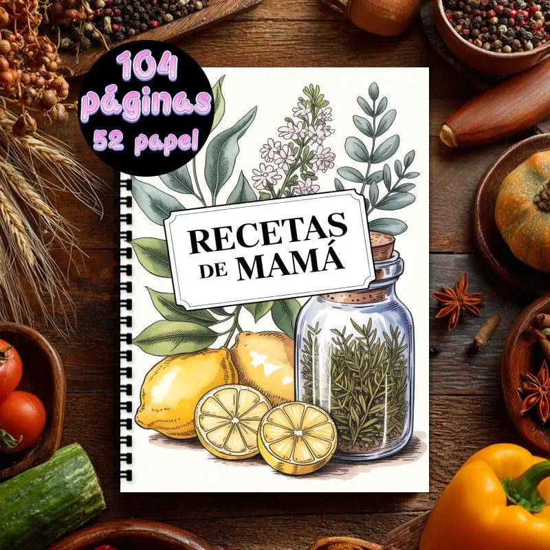 Spanish recipe notebook, A5 Spiral Binding, Recipe Collection Book, Mama's Recipes Themed with Lemons & Herbs Botanical Design