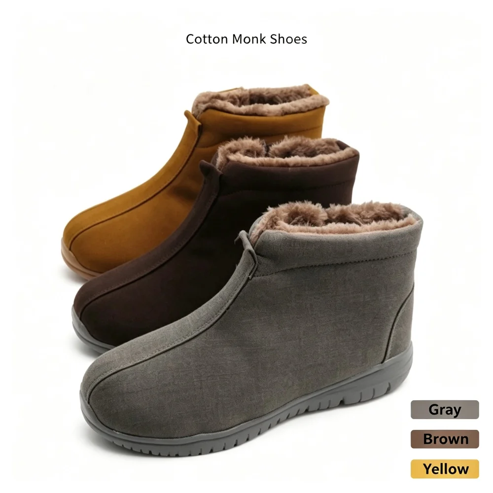 Buddhist Monk Winter Ankle Boots Thick Fleece Lined Suede Shoes Non Slip Rubber Sole Side Zipper For Priest And Lay Buddhist