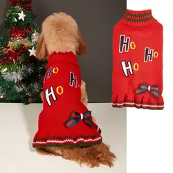 M69 Christmas pet sweater dress cat dog clothes autumn and winter HoHo high neck bow embroidery skirt