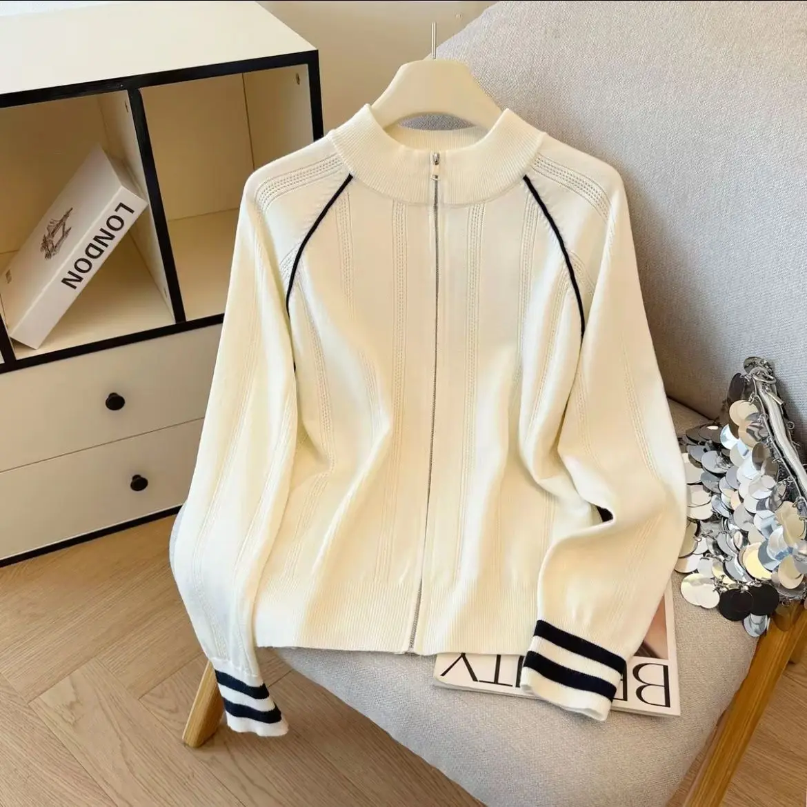 

Воротник-стойка на молнии с длинными рукавами, вязаный кардиган, женский осенне-зимний свободный свитер, куртка, топ