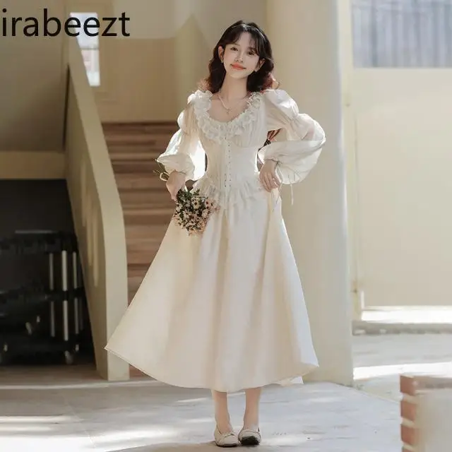 French Retro Court Fishbone Robe Spring New Small Elegant Super Good-looking Waist Slimming Beautiful Long White Dress Women