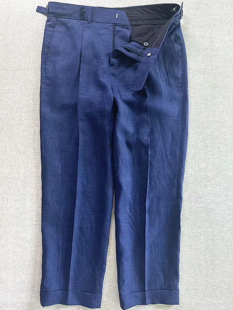 Summer Male Hot Sale Daily Linen Business Casual Pants High Waist Straight Leg Button Long Trousers Ankle Length Pant Slim Fit