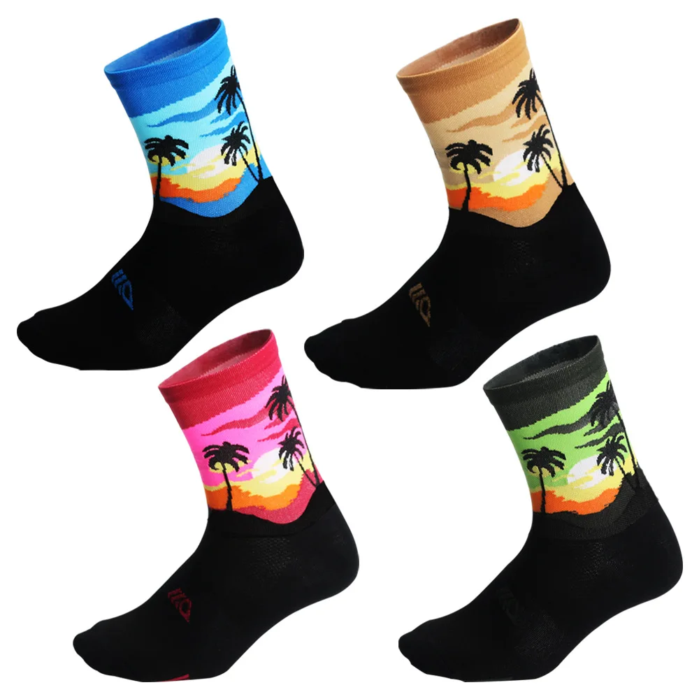 New cycling socks, tropical coconut tree sports and leisure socks, bicycle breathable and sweat absorbing mid length socks