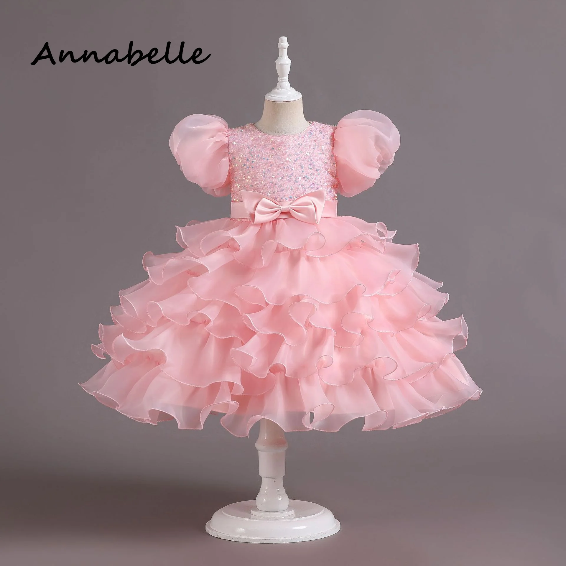 Annabelle Flower Girl Bridesmaid Bow Dress For Weddings Birthday Party Kids Lace Puffy Luxury Elegant Christmas Princess Dresses