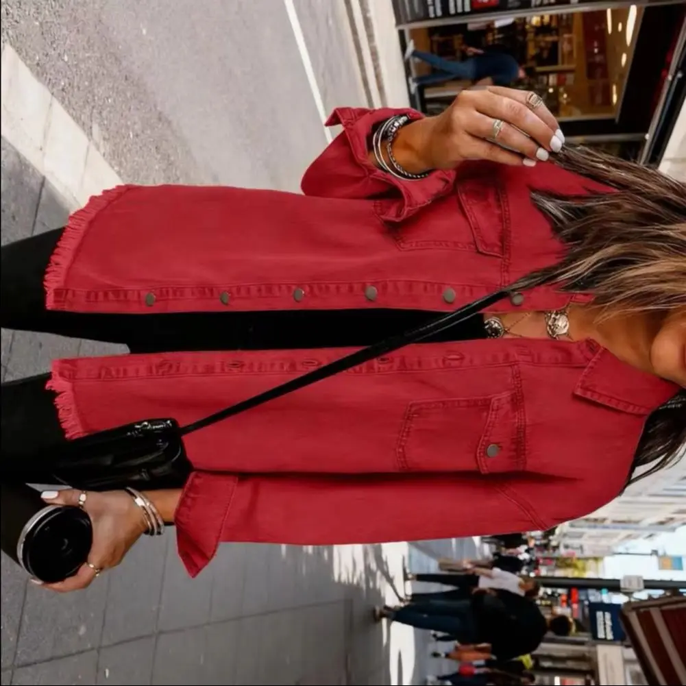 

Vintage Lapel Neck Long Sleeves Female Chic Lady Jacket 2025 Women Distressed Jean Jacket Denim Blue Single Breasted Jackets