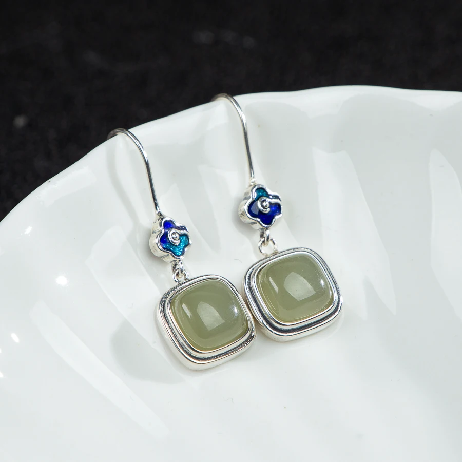 

TIMESWIND Natural Jade Enamel Cloud Light Green Authentic Square Pendant Women S925 Earrings with Certificate