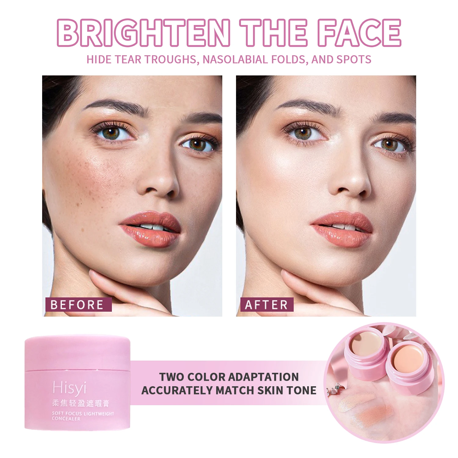 ソフト ピンク コンシーラー - くま、ニキビ跡、シミ、そばかすを軽減します。 ワンクリックでアプリケーション。 初心者に最適なメイク道具です。