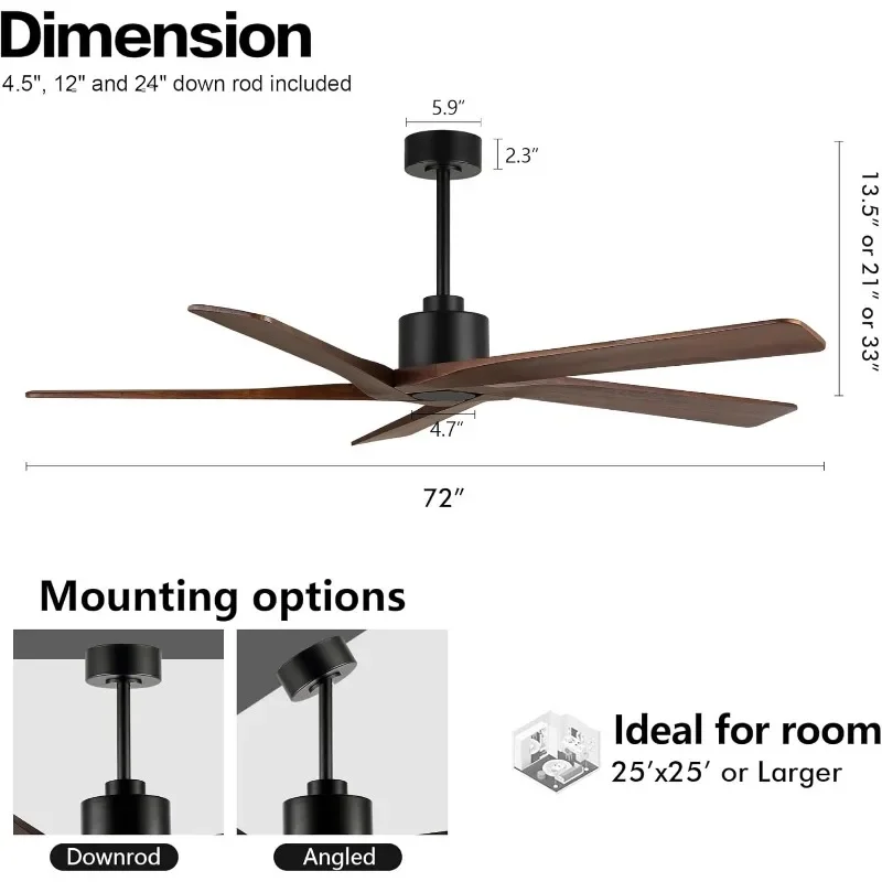 WINGBO 72" DC Ceiling Fan No Light with 3 Downrods, 5 Carved Solid Wood Blades, 6-Speed Reversible DC Motor