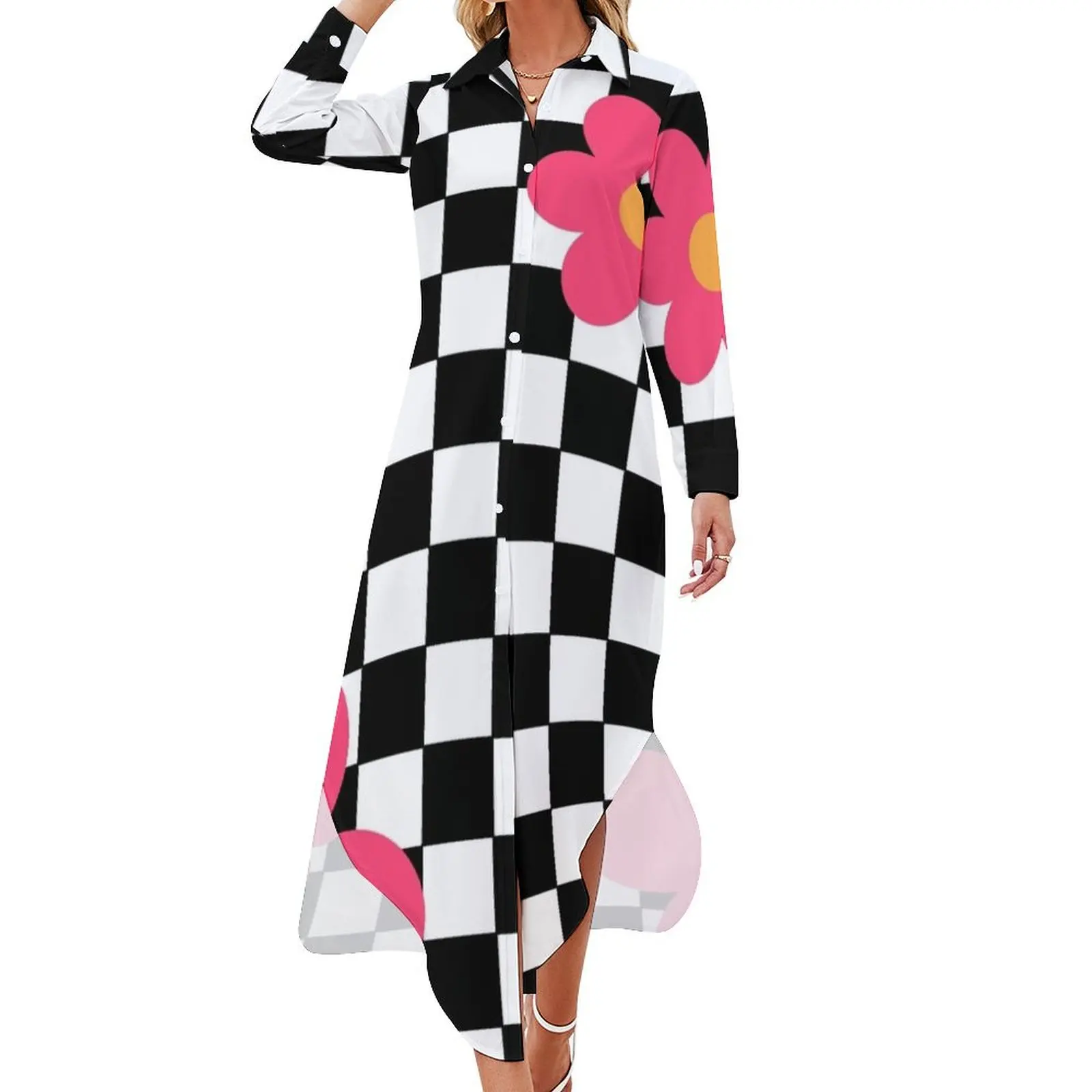 

Retro Checkerboard Flowers Mod Long Sleeved Shirt Dress dress korean style long sleeve dress