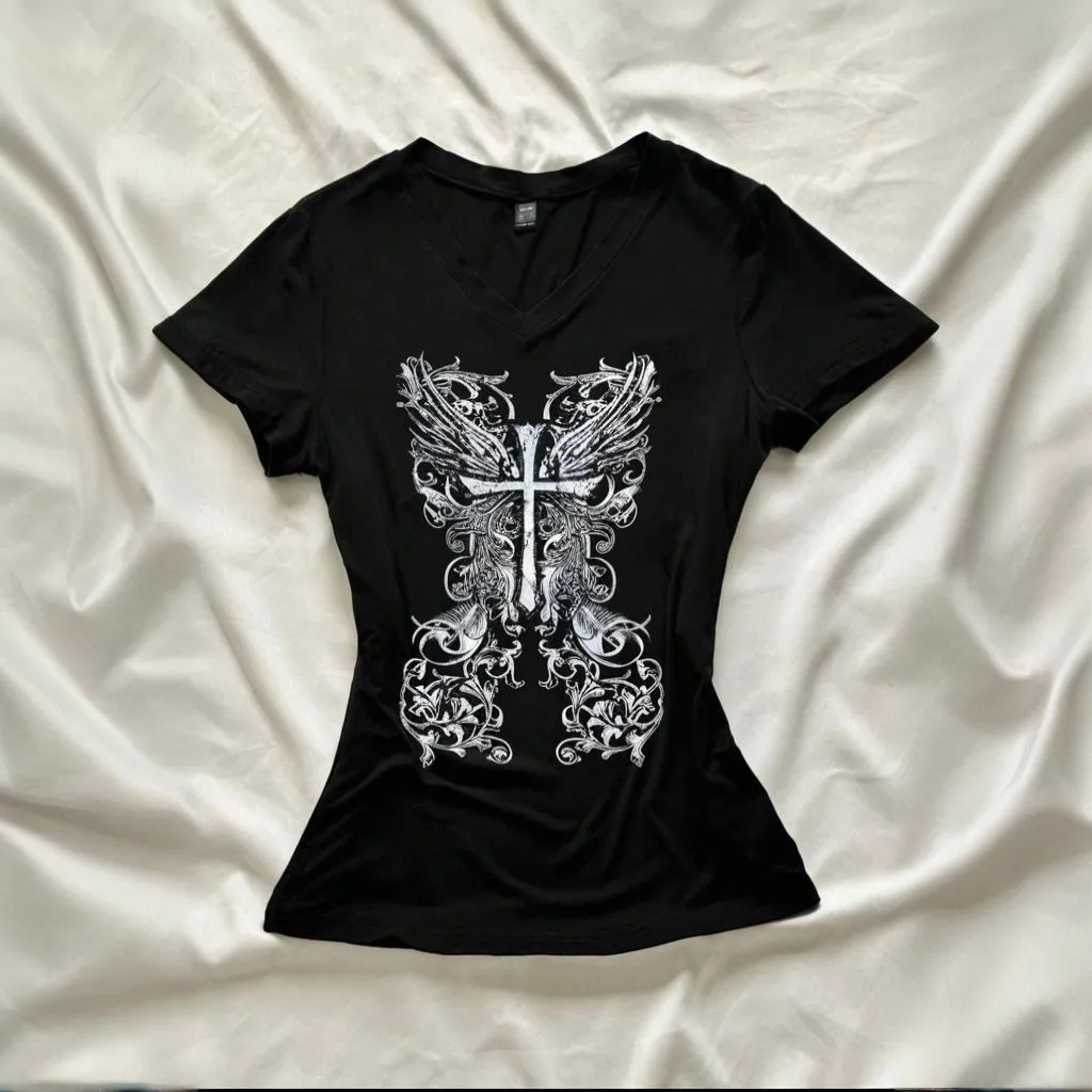 Style de sous-culture européenne et américaine 2025 nouvelle croix de Pâques impression punk slim fit T-shirt haut Harajuku des années 90 Kpop gothique punk Y2K