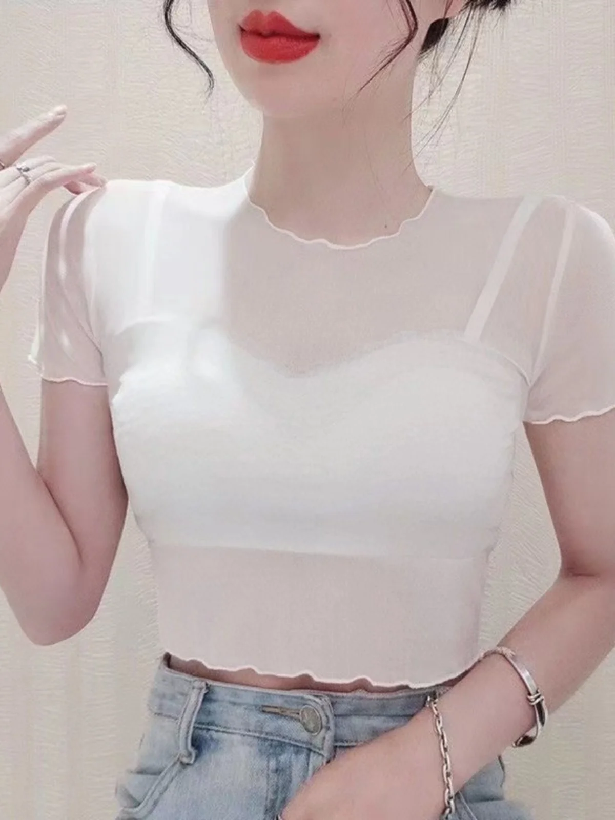 半袖 レディース キャミソール アンダードレス 透明 ネット レース トリム ベース 薄い セクシー トップ 夏 ポリエステル ブレンド ラウンドネック ショート丈