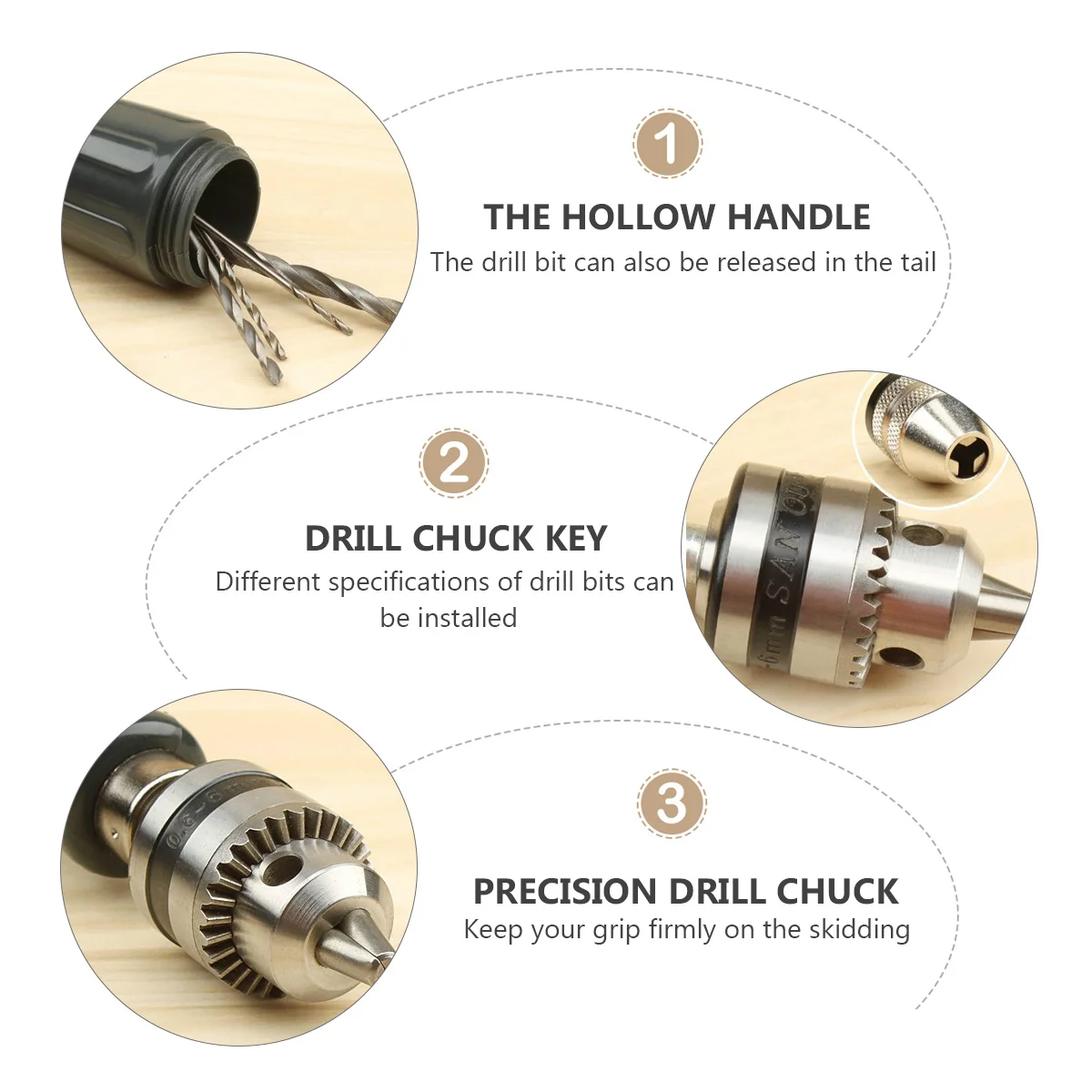 

7Pcs Pin Vise Hand Drill Set Chuck Key Carbon Steel Drill Bits ABS Handle Nonskid Grip Various