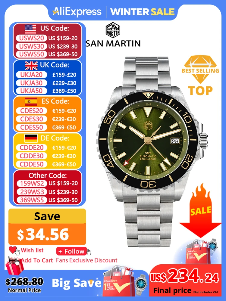 San Martin 39mm Diver GMT Watch Enamel Dial NH34 Stainless Steel Luxury Men Watch Automatic Mechanical Sapphire Luminous SN0136