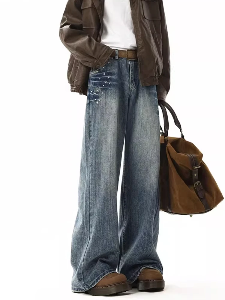 Retro Amerikaanse klinknagel jeans heren herfst winter losse rechte pijpen getailleerde Faion merk all-match wijde pijpen broek