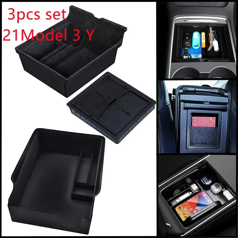 

For 2021 2022 Tesla Model 3 Model Y Storage Box Interior Accessories Flocked Center Console Armrest Hidden Storage Box